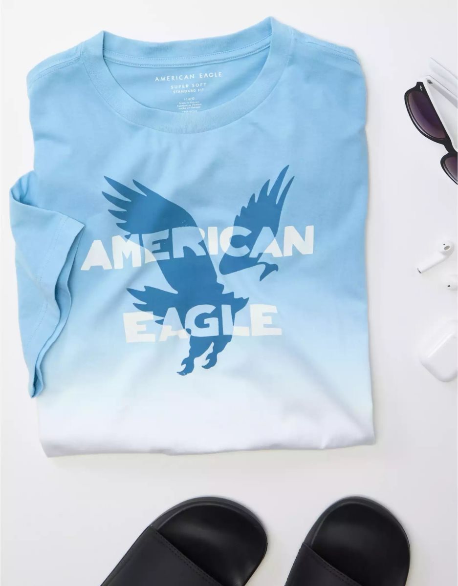 T Shirt Graphique American Eagle AE Super Soft Dip-Dye Logo Bleu Homme | WGA-09929453